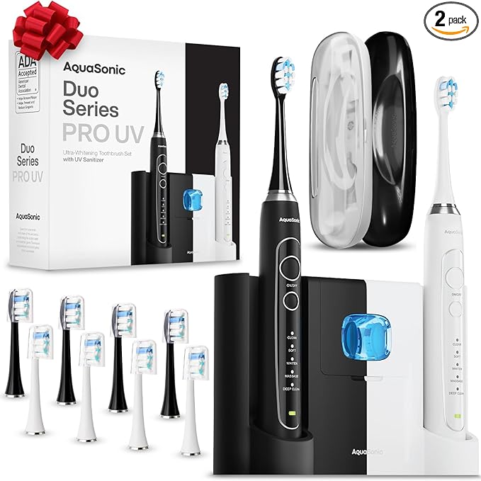 Aquasonic Duo Series PRO UV - ADA Accepted Electric Toothbrushes with UV Sanitizer - Inductive Charging Base - 5 Modes with Smart Timers - 10 Proflex Brush Heads &amp 2 Travel Cases