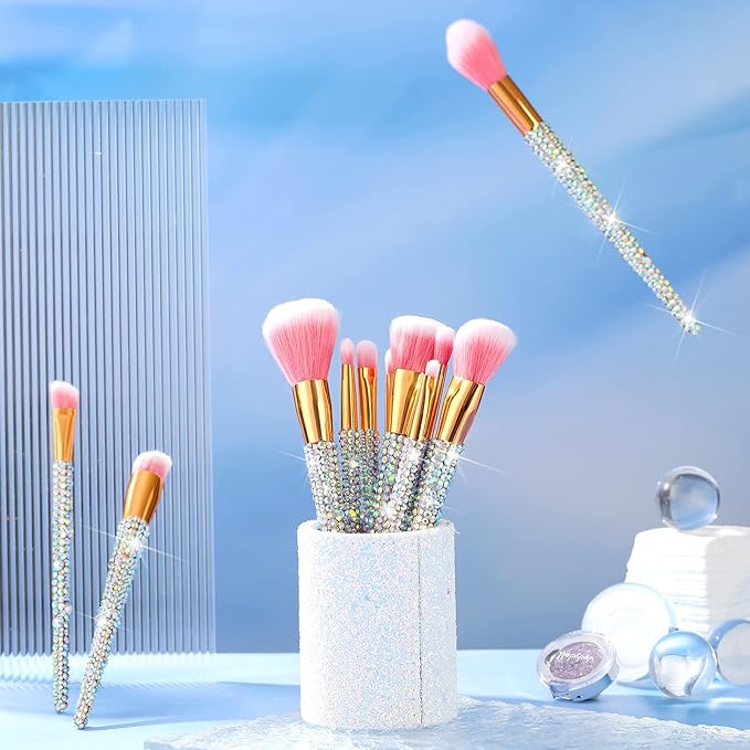 Rtteri 13 Pcs Rhinestone Silver Makeup Brushes Set Yellow Bling Crystal Professional Face Cosmetics Blending Liquid Foundation Powder Concealer Eye Shadows Make up Beauty Tool Glitter with Holder
