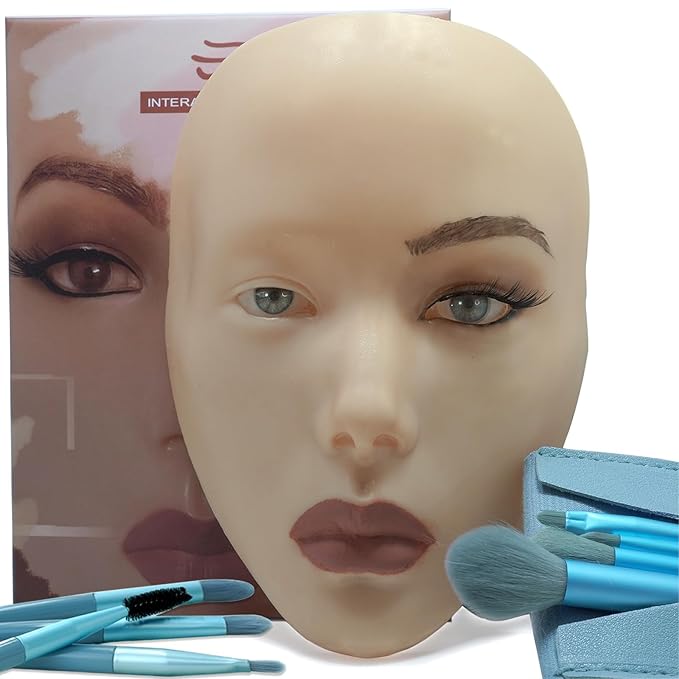 5D makeup Practice Face Board Silicone Makeup Mannequin Face Reusable Beginner Practice Eye Makeup Face Eye Fake Silicone Makeup Artist Full Face Practice Eyelash Eye Shadow Eyeliner Pen Simulatio