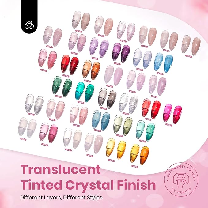Beetles Jelly Gel Nail Polish Set 53PCS 36 Colors Jelly Pink Milky White Red Black Blue Green Silver Cat Eye Base Glitter Glossy Matte Top Coat Crystal Ice Collection French Nails Gift for Women