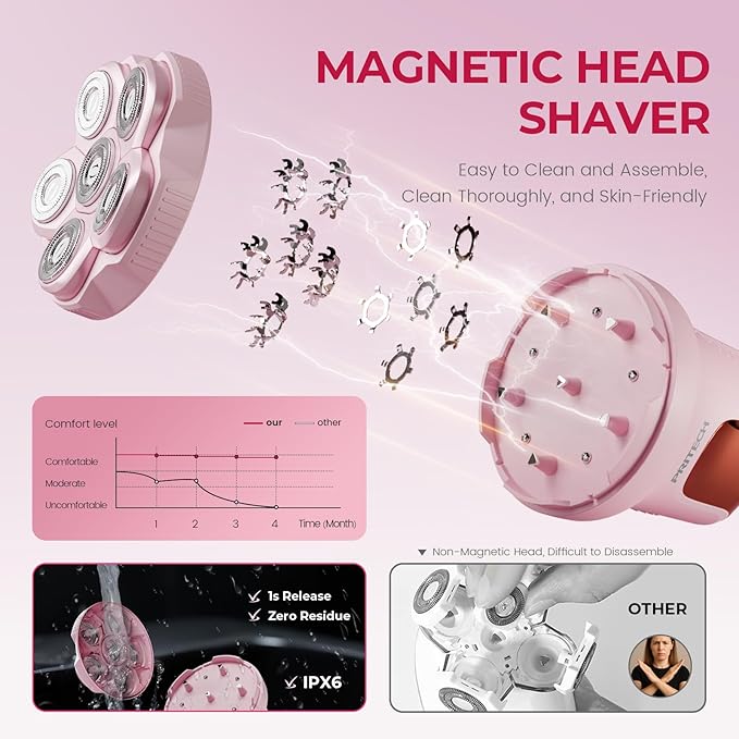 PRITECH Electric Razors for Women Legs Easy-Clean Body Shaver Wet &amp Dry Waterproof Bikini Trimmer Portable Lady Hair Remover for Face Underarms Pubic (Pink)