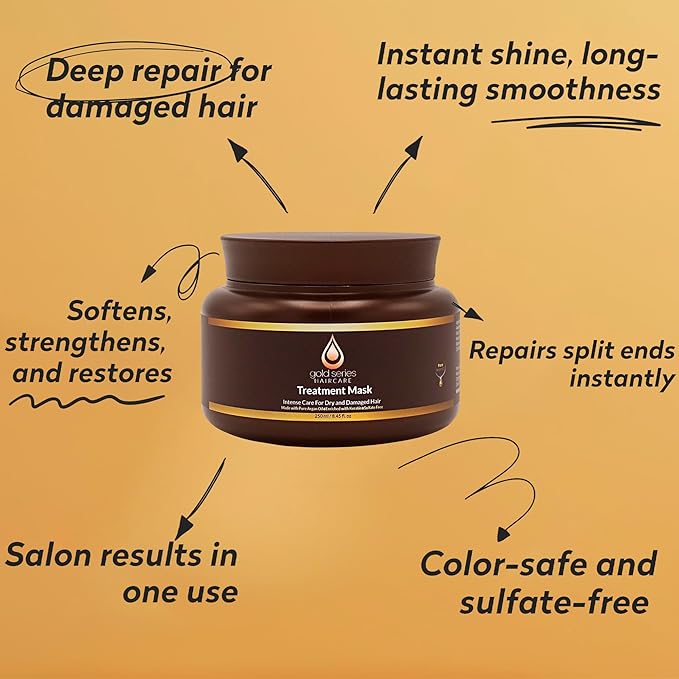 Gold Series Treatment Mask ? Deep Hydrating Argan Oil Hair Mask for Dry Damaged Color Treated and Curly Hair Enriched with Keratin ? Sulfate Free Natural Hair Repair Treatment 8.45oz