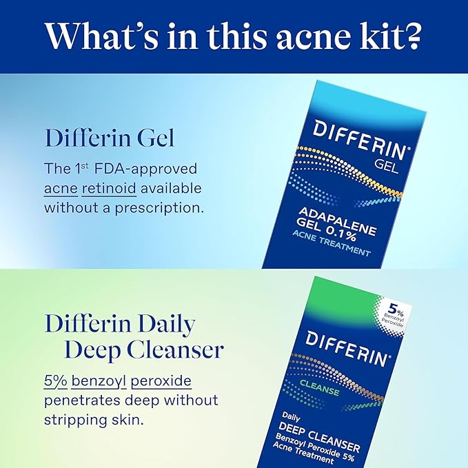 Differin Acne Skin Care Kit Differin Gel Retinoid Acne Treatment for Face with 0.1% Adapalene &amp 5% Benzoyl Peroxide Face Wash &amp Body Wash Designed for Pimple and Acne Prone Skin