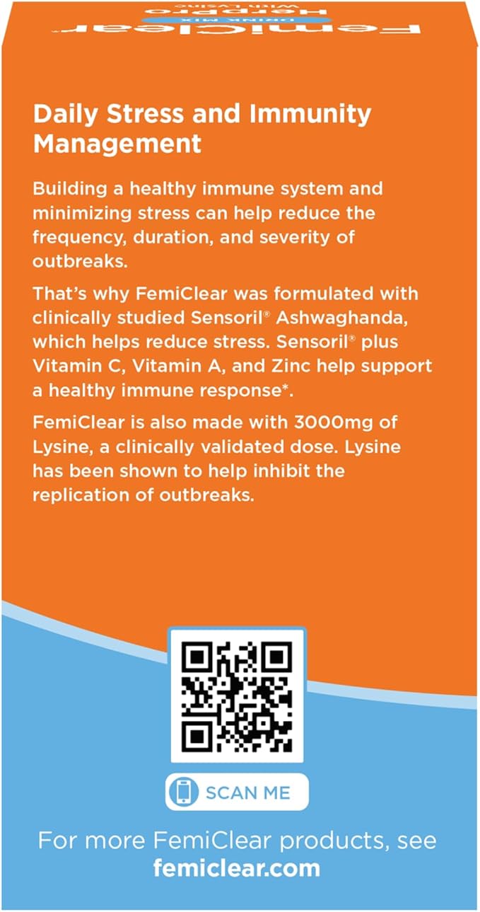 FemiClear HerpPro Drink Mix with L-Lysine 3000mg Zinc Vitamins A &amp C Ashwagandha Immunity &amp Stress Supplement for Women &amp Men 20 Stick Packets