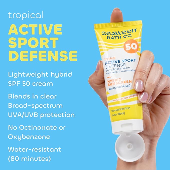 Seaweed Bath Co. draft Defense SPF 50 Sport Broad Spectrum Hybrid Sunscreen Cream 3.4 Ounce (Pack of 2) Sustainably Harvested Seaweed Aloe Watermelon