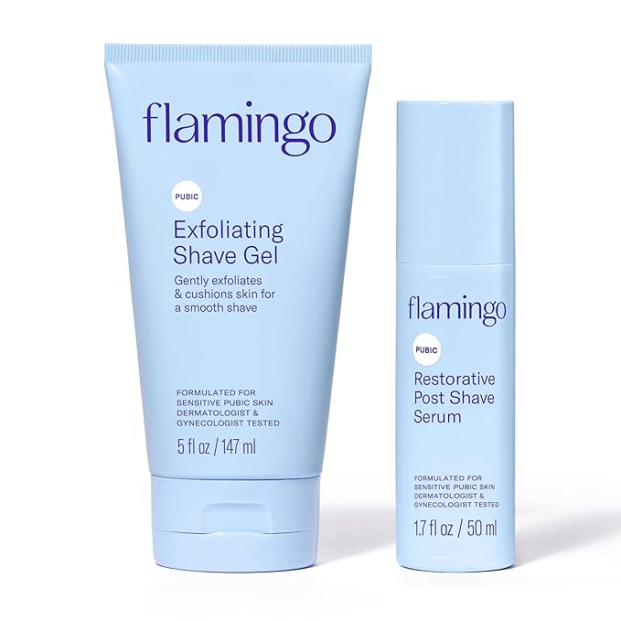 Flamingo Pubic Hair Shaving Skin Care Set Exfoliating Shaving Gel for Women 5 fl oz with Restorative Post Shave Serum 1.7 fl oz