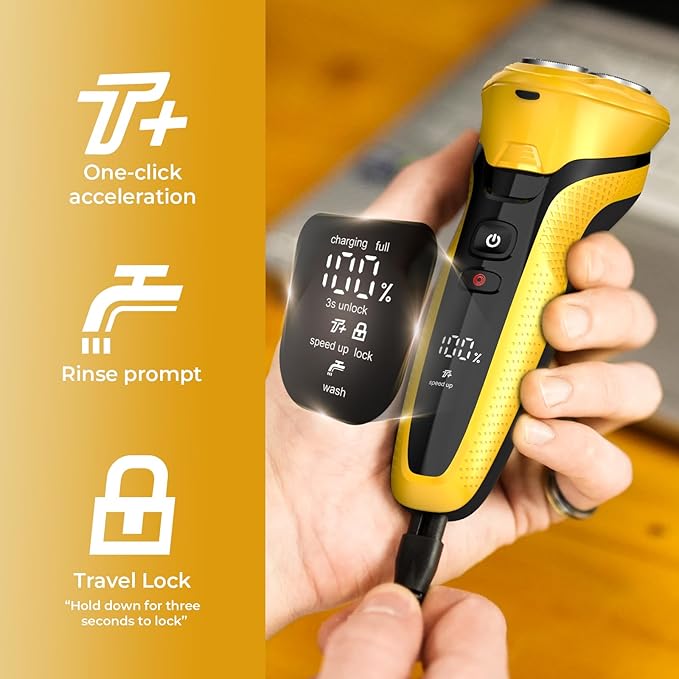 Rechargeable Electric Razor for Men: 3-in-1 Shaver for Beard/Nose/Sideburns - IPX7 Waterproof Travel Kit - Turbo Speed &amp Precision BladesCyber Yellow