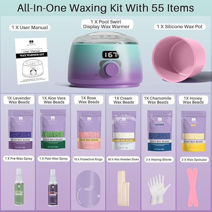 BLITZWAX Brazilian and Bikini Waxing Kit for Women Hard Wax Warmer for Face Legs and Body At Home Hair Removal Kit Beginner Friendly Quick Heating 32pcs Wax Spatulas