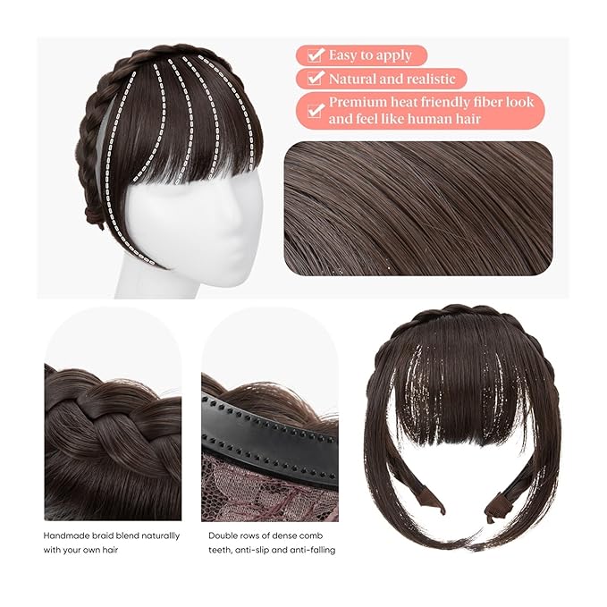 Bangs Hair Synthetic Headband Bangs Extension Fake Hair Blunt Fringe with Long Sides for Women Natural False Black Brown Blonde Bang Bangs Hair Clip(Silver Grey)