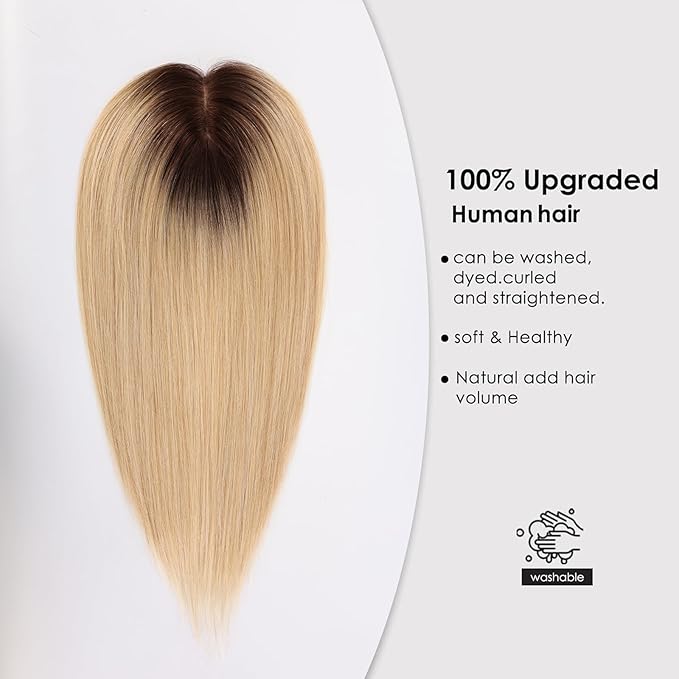 HAIRCUBE Human Hair Toppers For Women 100% Remy Human Hair No Bangs 120% Density Silk Base Clip In Topper For Slight Hairloss For Women 16 inch 60g - Ombre Light Blonde