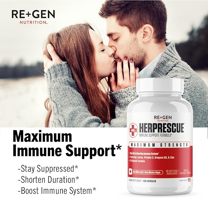Re+Gen Nutrition HERPRESCUE Outbreak Support Supplement Cold Sore Care for Adults Natural Capsules w/Zinc Vitamin C &amp L lysine Amino Acid for Immune Health 120 Capsules