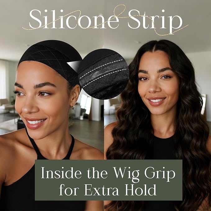 Wig Caps with Grip Band to Hold Wig in Place Soft Wig Caps for Women Non Slip Black 2 PCS