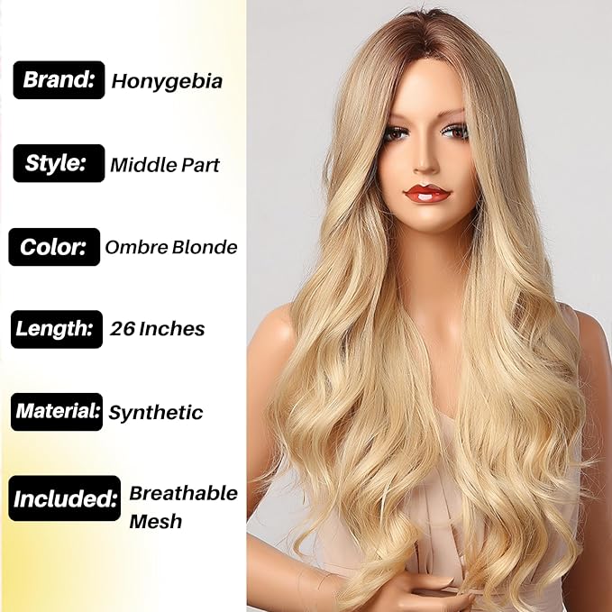 Honygebia Blonde Middle Part Wig - Long Wavy Ombre Blond Wigs with Dark Roots for Women Curly Synthetic Heat Resistant Hair Natural Looking Cute Wigs for Halloween/Christmas/Cosplay/Party