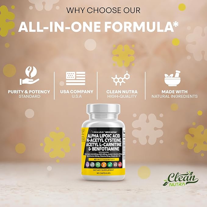 Alpha Lipoic Acid 600mg N-Acetyl Cysteine 600mg Acetyl L-Carnitine 500mg Benfotiamine 300mg - Nerve Support Supplement for Women and Men with Vitamin B1 B6 &amp B12 - Made in USA 90 Caps