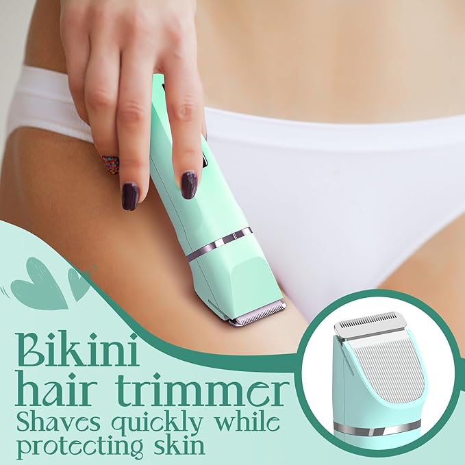 Pubic Hair Trimmer Women for Bikini Area &amp Body - Electric Razor Shaver with Ceramic Blade Detachable Head Waterproof IPX7 Battery Indicator Fast Charging Wet/Dry Groomer Set - Green