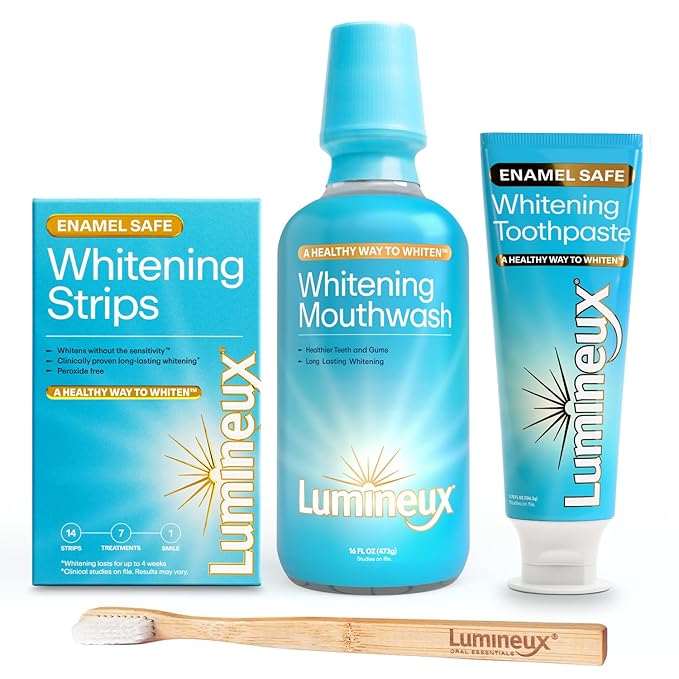 Lumineux Teeth Whitening Kit Peroxide Free for Whiter Teeth Includes 7 Whitening Treatments 1 Mouthwash 1 Toothpaste &amp 1 Bamboo Toothbrush Dentist Formulated