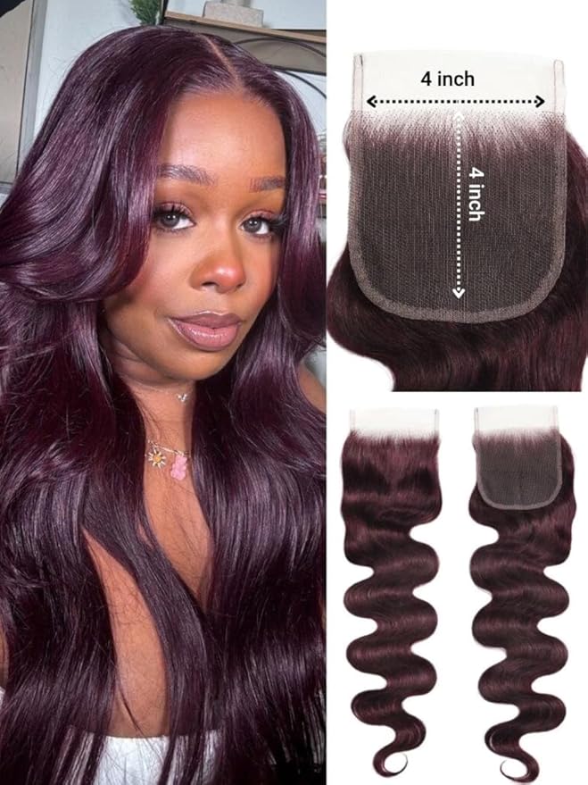 UNICE 12A Body Wave Human Hair Bundles with 4x4 Lace Closure 22 24 26+20 inch 100% Brazilian Virgin Hair Weave Extensions Tangling-Free Shedding-Free Ombre Black Cherry Color