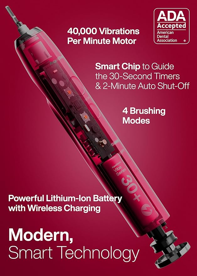 Aquasonic Vibe Series Ultra-Whitening Toothbrush ? ADA Accepted Electric Toothbrush - 8 Brush Heads &amp Travel Case ? 40000 VPM Motor &amp Wireless Charging - 4 Modes w Smart Timer ? Ruby