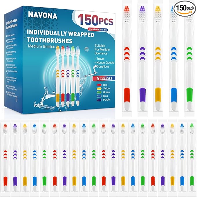 Navona 150 PCS Individually Wrapped Bulk Toothbrush Pack Disposable Soft Bristle for Adult or Kid Ergonomic Handle Perfect for Travel Hotel Donation