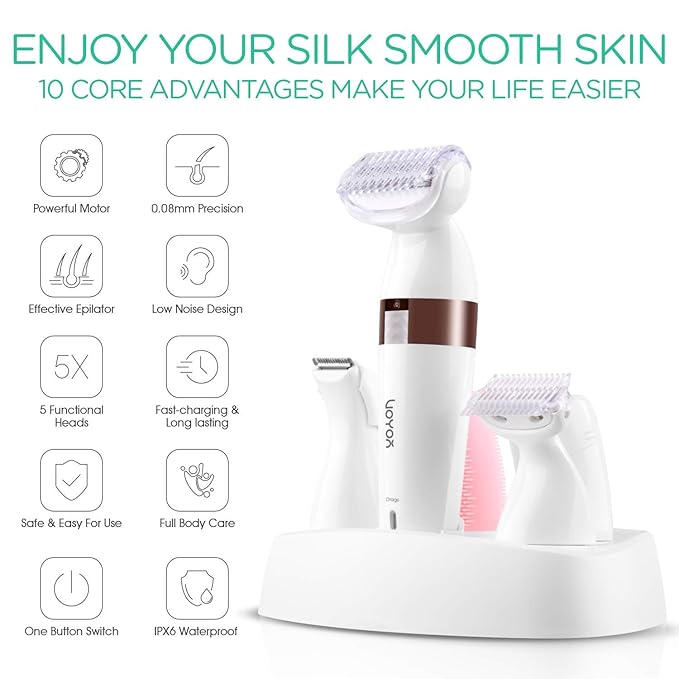 VOYOR Electric Shaver for Women Bikini Trimmer Hair Remover for Face Body 5 in 1 Groomer Kit Lady Shaver Bikini Razor Women for Hair Trimmer Cordless Rechargeable Waterproof ES500