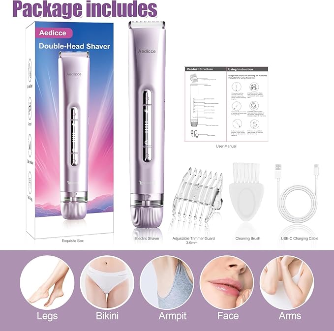 Bikini Trimmer for Women 2 in 1 Dual Head Womens Electric Shaver Electric Razors for Pubic Hair IPX7 Waterproof Rechargeable Facial Hair Removal for Shaving Underarm Leg Arm Body Face Purple