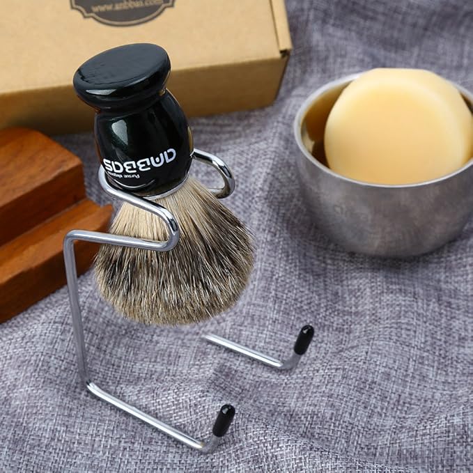 Anbbas Pure Badger Bristles Shaving Brush Black Wood Handle and Refill Soap Bar 100gStainless Steel Shaving Stand and Soap Cup Kit Perfect for Men