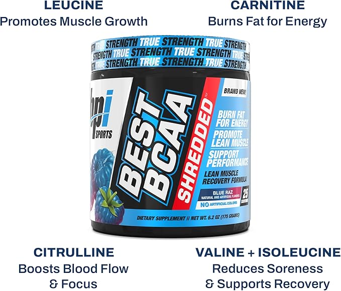 BPI Sports Best BCAA Shredded - Caffeine Free Thermogenic Recovery Drink Lean Muscle Building BCAA Powder for Women and Men Preworkout BCAAs Amino Acids Drink- Blue Raz - 25 Servings
