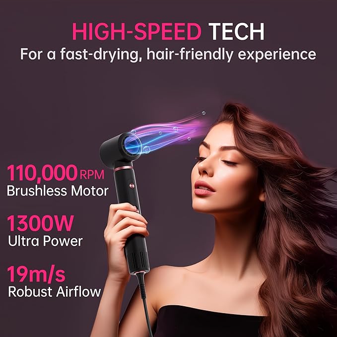 SKIMI 110000 RPM Brushless Motor Hair Dryer Brush - 5 Muti-Styler for Fast Drying Curling Volumizing &amp Straightening | High-Speed Hot Air Brush for All Hair Types (Black &amp Coral)