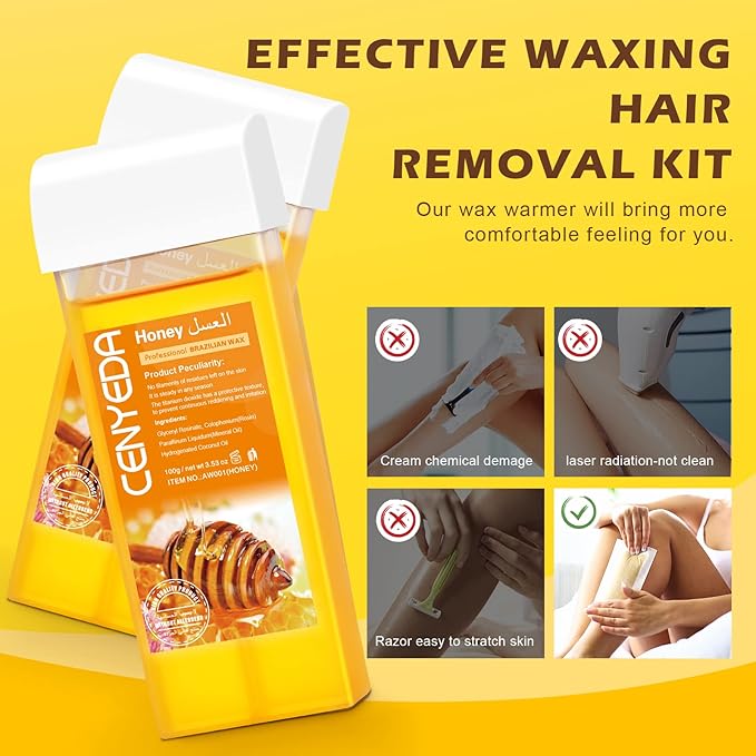 Digital Honey Wax Kit for Women's Hair Removal - Roll On Warmer with 2 Cartridges and 100 Wax Strips
