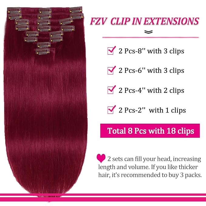 Clip in Hair Extensions Real Human Hair 99J Burgundy 16inch 110g Long Straight Silky Hair Extensions Real Human Hair 8pcs Double Weft Handmade Per Set with 18clips Clip on Extensions