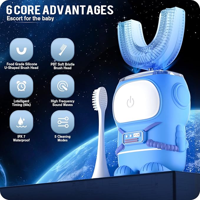Ultrasonic Kid's U-Shaped Electric Toothbrush IPX7 Waterproof Five Cleaning Modes Cartoon Astronaut 60S Smart Reminder (Azure Blue Ages 2-6)