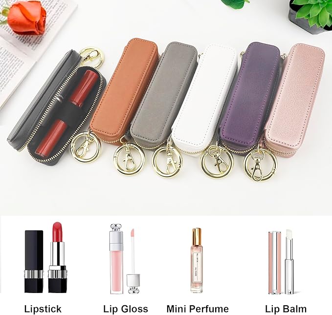 Bocasal Leather Lipstick Case Holder Chapstick Keychain Pouch Zipper Lip Balm Lip Gloss Bag for Purse with Key Chain Elastic Band Makeup Travel Organizer Cosmetic Storage Kit for Women Girls (Red)