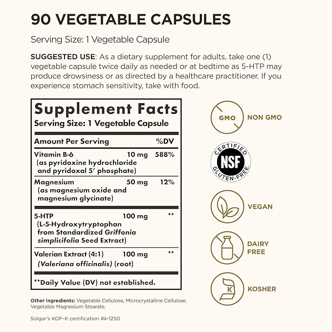 Solgar 5-HTP 100 mg 90 Vegetable Capsules - Promotes Relaxation - Positive Mood &amp Stress Support - Non-GMO Vegan Gluten Free Dairy Free Kosher - 90 Servings