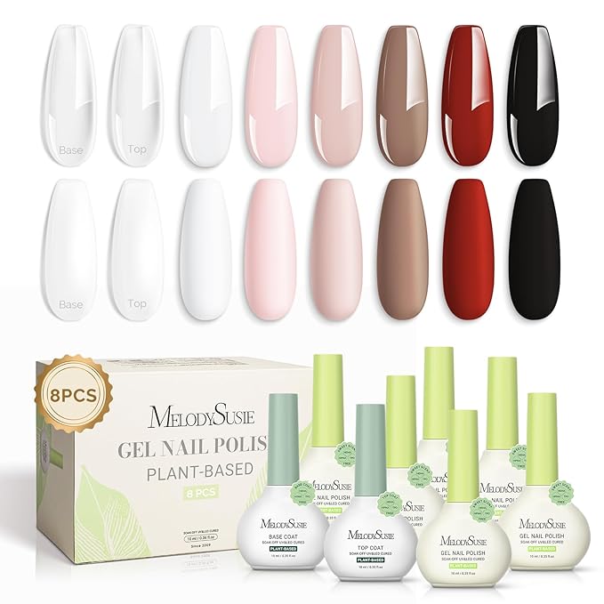 MelodySusie Plant Based Gel Nail Polish SetTop Toat and Base CoatClassic Basic Colors Hema FreeSoak Off UV LED Gel Polish Nail Art Manicure Salon DIY at Home 8Pcs