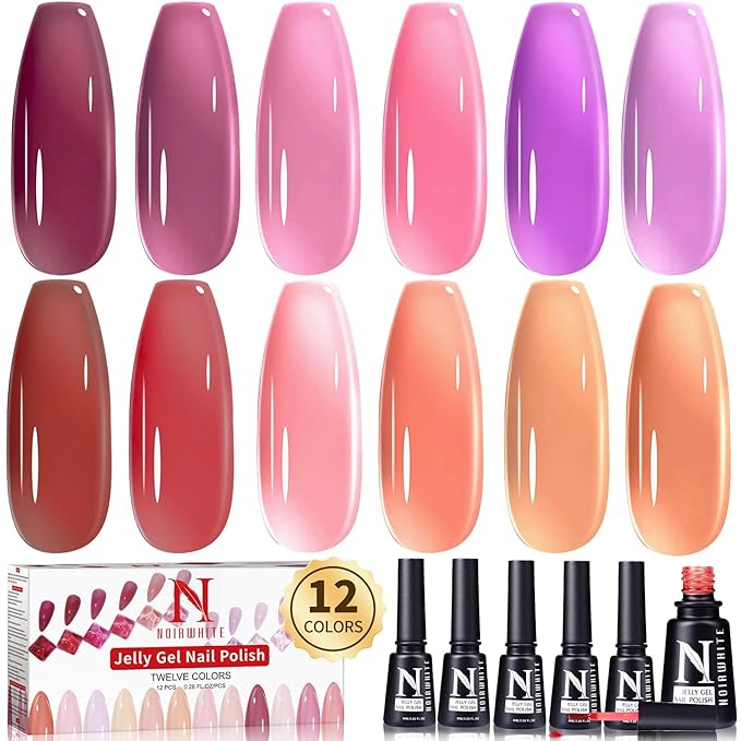 Jelly Gel Nail Polish Set 12 PCS Autumn Sheer Nude Pink Jelly Nail Polish Gel Neutral Nail Art Design Korean Trend Icy Transparent Gel Nail Polish Kit UV LED Soak Off Gel Polish