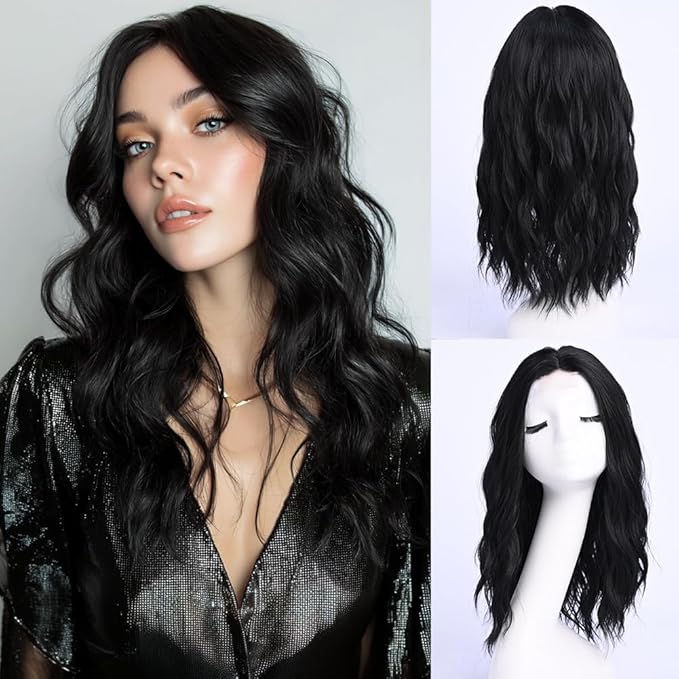 Medium Length Black Wavy Wigs for Women 18 Inch Middle Part Wavy 1B Wig Natural Looking Synthetic Heat Resistant Fiber Wig for Daily Party Halloween (18 inch)