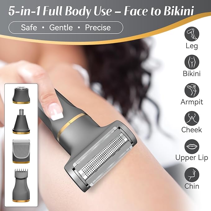 KINGTEE 5-in-1 Electric Bikini Trimmer for Women ? IPX7 Waterproof Shaver Cordless Body &amp Facial Razors for Women Ceramic Blades USB-C Rechargeable Painless Hair Removal Kit (Light Black)