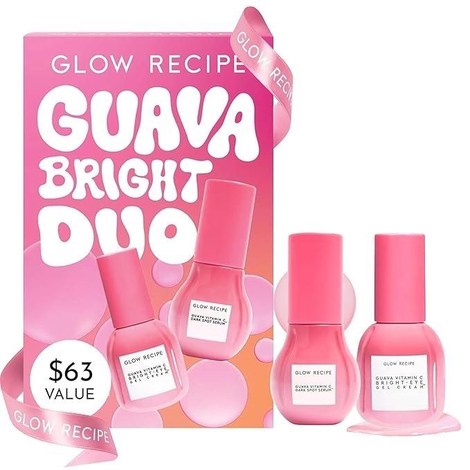 Glow Recipe Guava Brightening Korean Skincare Gift Set - Vitamin C Under Eye Cream Treatment + Hydrating Vitamin C Dark Spot Face Serum with Niacinamide &amp Peptides Travel Size (2 Count)
