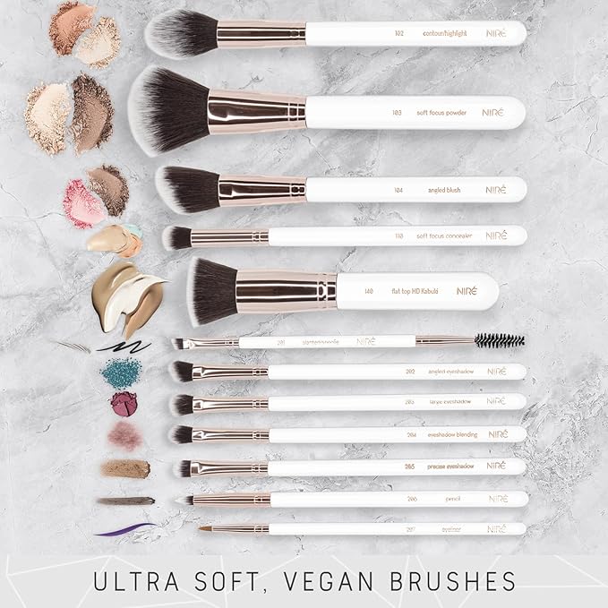 Nir? Beauty White 15piece Award Winning Professional Makeup Brush Set: Vegan Makeup Brushes with Case Makeup Sponge Cleaner Guide Gift Box