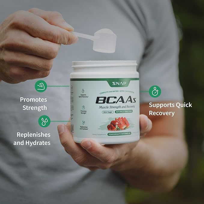 Snap BCAA Powder Essential Amino Energy Supplement with Nitric Oxide Booster - Watermelon Flavor - Pre Workout Powder Recovery Supplements Post Workout Muscle Strength &amp Performance (30 Servings