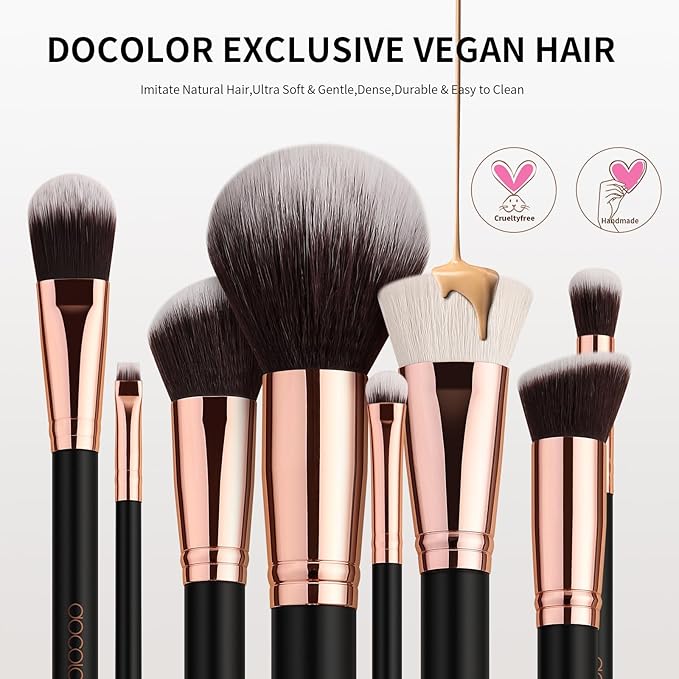 docolor Makeup Brush Set Professional 15 PCS Black Wood Handle Makeup Brushes Premium Cruelty-Free Synthetic Fiber Hair Travel Make up Brushes Set with Case