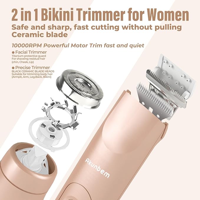 Bikini Trimmer for Women - 2 in 1 Electric Razors for Women - Dual Head Electric Shaver - IPX7 Waterproof Wet &amp Dry Use Body Hair Trimmer and Facial Hair Remover for Bikini Underarm Leg Arm