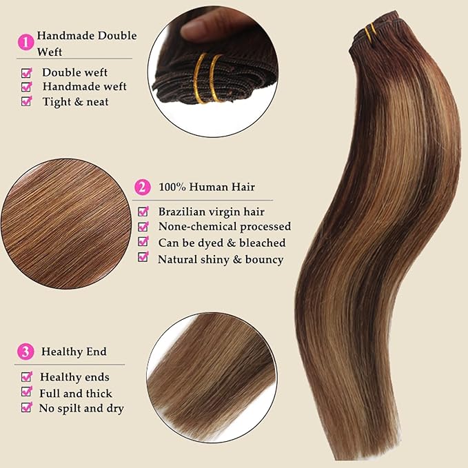 Ombre Hair Extension with Clips for WomenHighlight Brown Hair Extensions Human Hair Chocolate Brown to Strawberry Blonde Straight Remy Human Hair Extensions 5pcs 70g (#4T4P2716Inch)