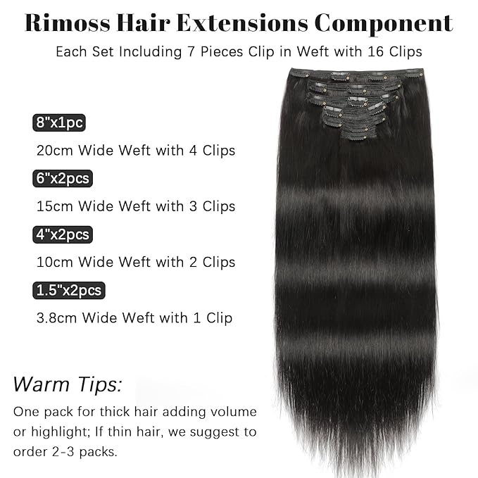 Clip in Hair Extensions Real Human Hair -140g 7pcs Jet Black - Hair Extensions Real Human Hair Clip ins Straight for Women (#1 16 Inch)