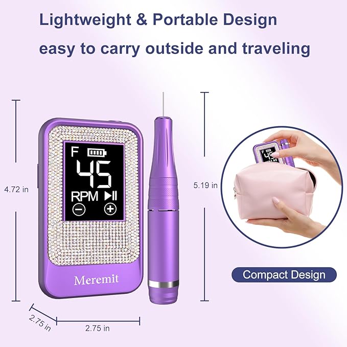 Professional Nail Drill Cordless 45000 RPM Meremit Electric Nail File with Diamond Decoration 12Pcs Drill Bits Large LCD Screen Rechargeable Electric Nail Machine Drill for Acrylic Gel Nail Polish