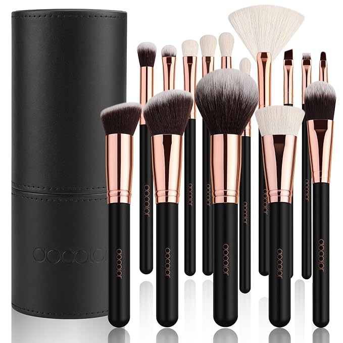docolor Makeup Brush Set Professional 15 PCS Black Wood Handle Makeup Brushes Premium Cruelty-Free Synthetic Fiber Hair Travel Make up Brushes Set with Case
