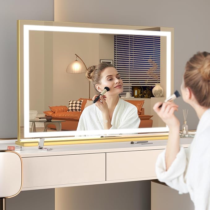 Hasipu Vanity Mirror with Lights 23 x 18 LED Makeup Mirror Lighted Makeup Mirror with Dimmable 3 Modes Touch Screen Control Vanity Mirror Square Gold
