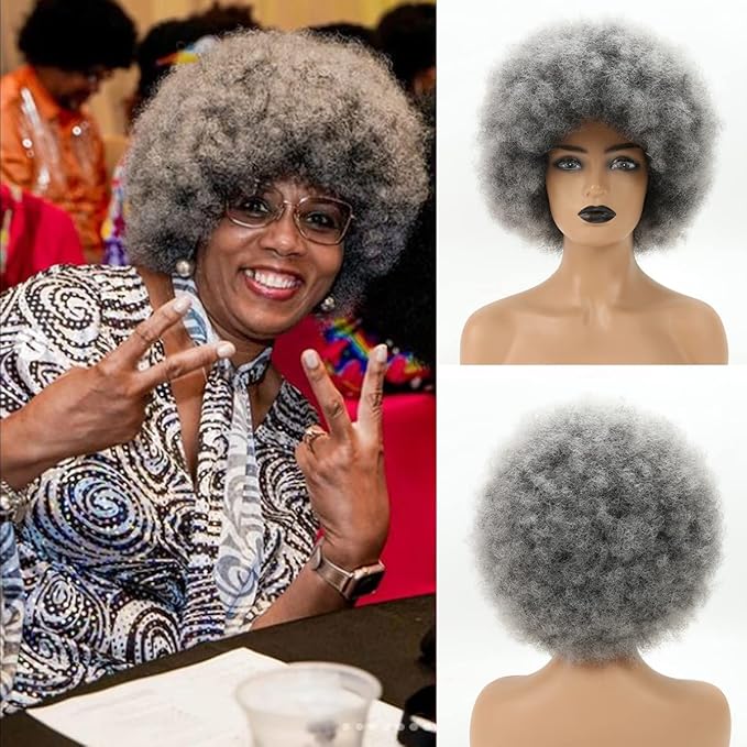 Short Afro Wig for Black Women Smoky Gray Afro Wigs Unisex Men Women Large Bouncy and Soft Natural Looking Hair Short Afro Kinky Curly Premium Synthetic Wig(Gray)