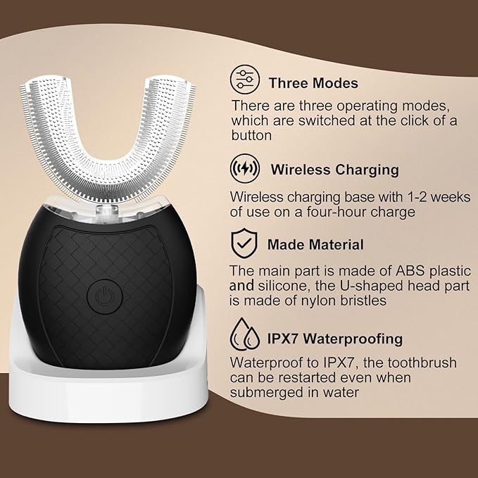 Ultrasonic U-Shaped Toothbrush for Teeth Whitening Electric Toothbrush for Adults 360-degree Cleaning3 Brush Heads Wireless Charging and IPX7 Waterproof Kit for Travel or Home(Black)