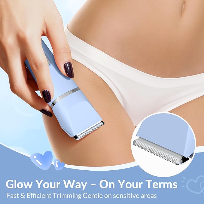 KINGTEE 5-in-1 Electric Bikini Trimmer for Women ? IPX7 Waterproof Shaver Cordless Body &amp Facial Razors for Women Ceramic Blades USB-C Rechargeable Painless Hair Removal Kit (Blue)